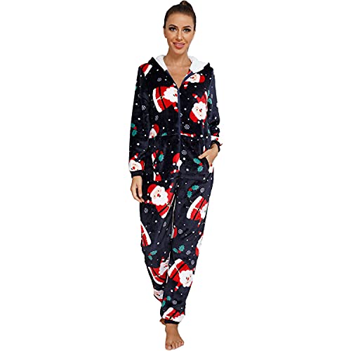 QIYUANT Weihnachten Damen Jumpsuit Onesie Flanell Fleece Overall Pyjama Langarm Hoodies Schlafanzug Einteiler Winter Thermo Homewear Strampelanzug Schlafoverall Nachtwäsche Dunkelblau L von QIYUANT