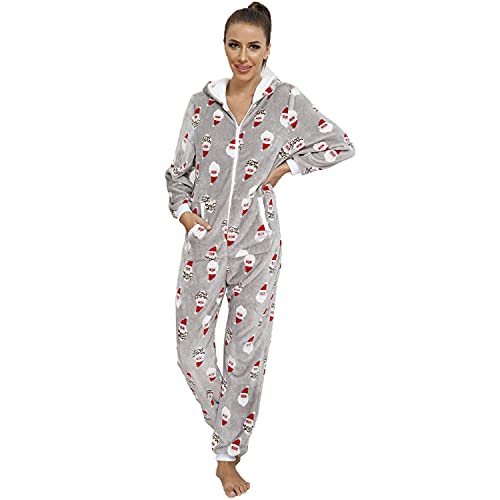 QIYUANT Weihnachten Damen Jumpsuit Onesie Flanell Fleece Overall Pyjama Langarm Hoodies Schlafanzug Einteiler Winter Thermo Homewear Strampelanzug Schlafoverall Nachtwäsche Grau L von QIYUANT