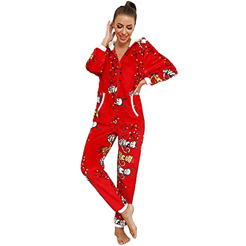 QIYUANT Weihnachten Damen Jumpsuit Onesie Flanell Fleece Overall Pyjama Langarm Hoodies Schlafanzug Einteiler Winter Thermo Homewear Strampelanzug Schlafoverall Nachtwäsche Rot M von QIYUANT