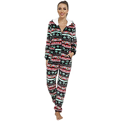 QIYUANT Weihnachten Damen Jumpsuit Onesie Flanell Fleece Overall Pyjama Langarm Hoodies Schlafanzug Einteiler Winter Thermo Homewear Strampelanzug Schlafoverall Nachtwäsche Schwarz XXL von QIYUANT