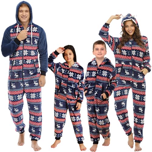 QIYUANT Weihnachts Pyjamas Onesie Familien Flanell Fleece Paar Passende Einteiler Schlafanzug Herbst Winter Frühling Warm Jumpsuit Hausanzug für Vater, Mutter, Kinder (Kinder_Navy Elk, 130) von QIYUANT