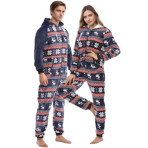 QIYUANT Weihnachts Pyjamas Onesie Familien Flanell Fleece Paar Passende Einteiler Schlafanzug Herbst Winter Frühling Warm Jumpsuit Hausanzug für Herren, Damen (Damen_Navy Elk, S) von QIYUANT