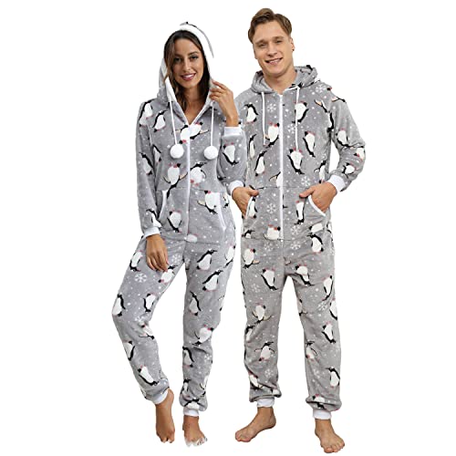 QIYUANT Weihnachts Pyjamas Onesie Flanell Fleece Paar Passende Einteiler Schlafanzug Reißverschluss Herbst Frühling Winter Warm Jumpsuit Hausanzug mit Taschen (Damen Grauer Pinguin M) von QIYUANT