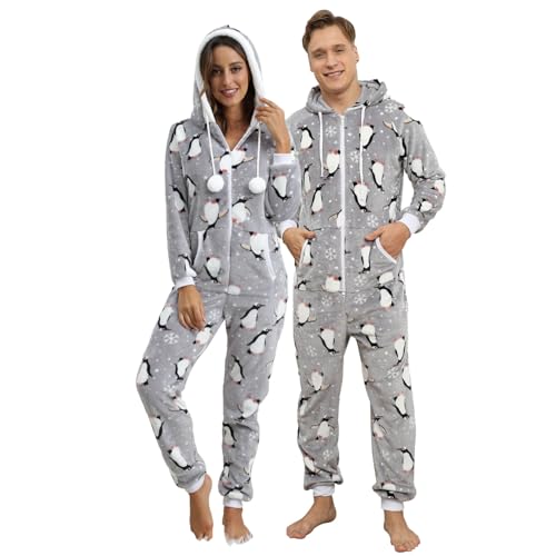 QIYUANT Weihnachts Pyjamas Onesie Flanell Fleece Paar Passende Einteiler Schlafanzug Reißverschluss Herbst Frühling Winter Warm Jumpsuit Hausanzug mit Taschen (Damen Grauer Pinguin M) von QIYUANT