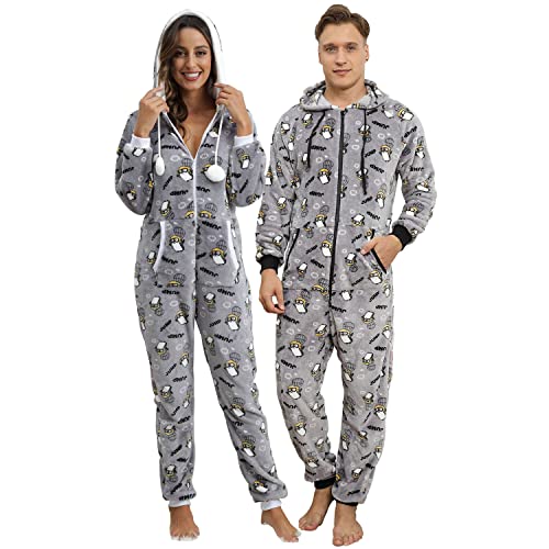 QIYUANT Weihnachts Pyjamas Onesie Flanell Fleece Paar Passende Einteiler Schlafanzug Reißverschluss Herbst Frühling Winter Warm Jumpsuit Hausanzug mit Taschen (Herren Grauer Fallschirm-Pinguin M) von QIYUANT