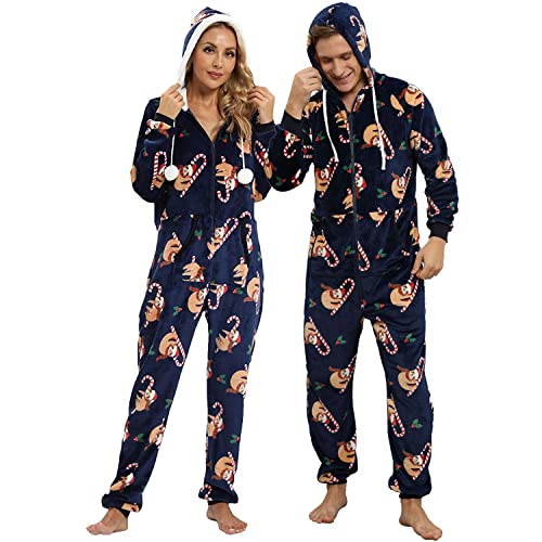 QIYUANT Weihnachts Pyjamas Onesie Flanell Fleece Paar Passende Einteiler Schlafanzug Reißverschluss Herbst Frühling Winter Warm Jumpsuit Hausanzug mit Taschen (Damen Blaue Zuckerstange XL) von QIYUANT