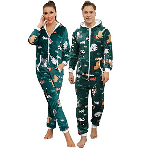 QIYUANT Weihnachts Pyjamas Onesie Flanell Fleece Paar Passende Einteiler Schlafanzug Reißverschluss Herbst Frühling Winter Warm Jumpsuit Hausanzug mit Taschen (Damen Grün XXL) von QIYUANT
