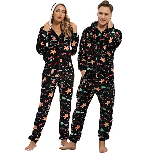 QIYUANT Weihnachts Pyjamas Onesie Flanell Fleece Paar Passende Einteiler Schlafanzug Reißverschluss Herbst Frühling Winter Warm Jumpsuit Hausanzug mit Taschen (Damen Schwarze Zuckerstangen L) von QIYUANT