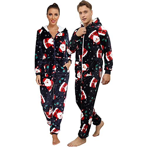 QIYUANT Weihnachts Pyjamas Onesie Flanell Fleece Paar Passende Einteiler Schlafanzug Reißverschluss Herbst Frühling Winter Warm Jumpsuit Hausanzug mit Taschen (Herren Blauer Weihnachtsmann L) von QIYUANT