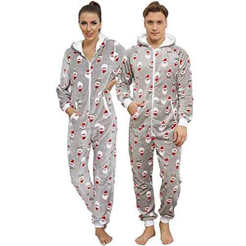 QIYUANT Weihnachts Pyjamas Onesie Flanell Fleece Paar Passende Einteiler Schlafanzug Reißverschluss Herbst Frühling Winter Warm Jumpsuit Hausanzug mit Taschen (Herren Grauer Weihnachtsmann XL) von QIYUANT