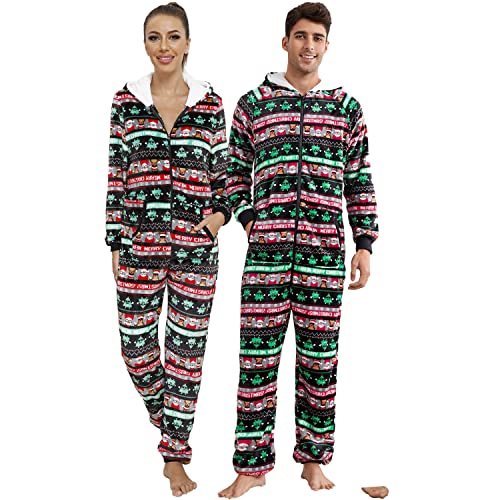 QIYUANT Weihnachts Pyjamas Onesie Flanell Fleece Paar Passende Einteiler Schlafanzug Reißverschluss Herbst Frühling Winter Warm Jumpsuit Hausanzug mit Taschen (Herren Streifen XL) von QIYUANT