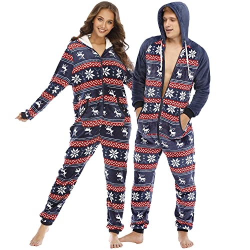 QIYUANT Weihnachts Pyjamas Onesie Flanell Fleece Paar Passende Einteiler Schlafanzug Reißverschluss Herbst Winter Frühling Warm Jumpsuit Hausanzug mit Taschen (Damen Blau XL) von QIYUANT