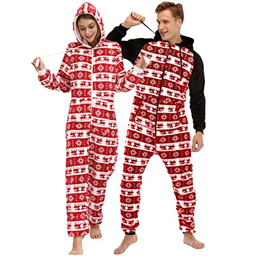 QIYUANT Weihnachts Pyjamas Onesie Flanell Fleece Paar Passende Einteiler Schlafanzug Reißverschluss Herbst Winter Frühling Warm Jumpsuit Hausanzug mit Taschen (Damen Rot S) von QIYUANT