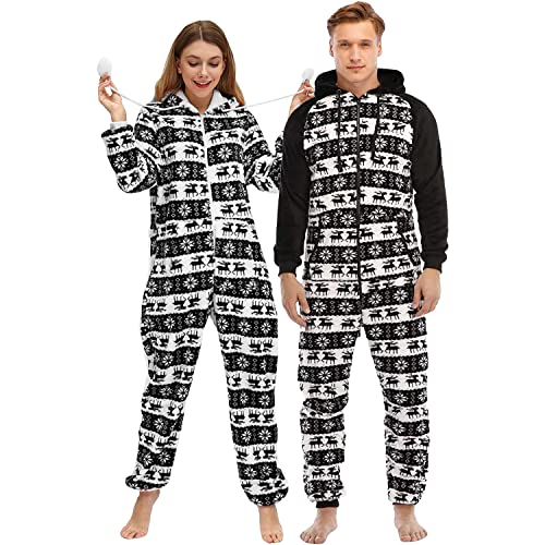 QIYUANT Weihnachts Pyjamas Onesie Flanell Fleece Paar Passende Einteiler Schlafanzug Reißverschluss Herbst Winter Frühling Warm Jumpsuit Hausanzug mit Taschen (Damen Schwarz XXL) von QIYUANT