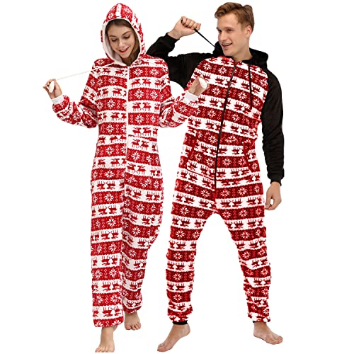 QIYUANT Weihnachts Pyjamas Onesie Flanell Fleece Paar Passende Einteiler Schlafanzug Reißverschluss Herbst Winter Frühling Warm Jumpsuit Hausanzug mit Taschen (Herren Rot L) von QIYUANT