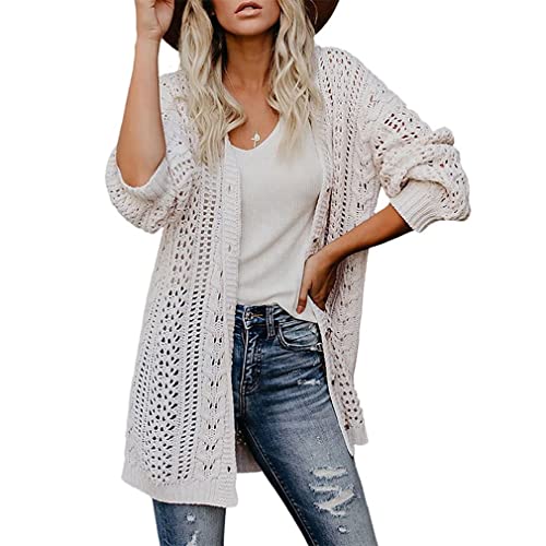 Qiyun.z Damen Häkel-Strickjacke Boho Volltonfarbe Oversized Open Front Outwear Weiß M von Qiyun.z