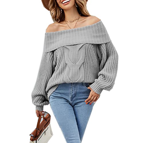 Qiyun.z Damen Pullover, Langarm Off Shoulder Pullover, Lose Strick Pullover Tops Grau L von Qiyun.z