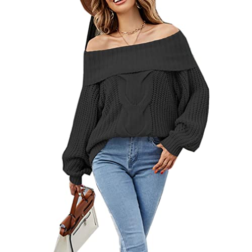 Qiyun.z Damen Pullover, Langarm Off Shoulder Pullover, Lose Strick Pullover Tops schwarz M von Qiyun.z