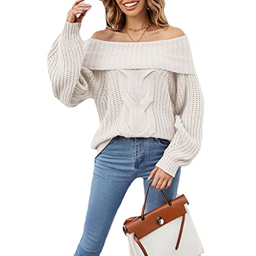 Qiyun.z Damen Pullover, Langarm Off-Shoulder Pullover, Lose Strickpullover Tops weiß apricot M von Qiyun.z