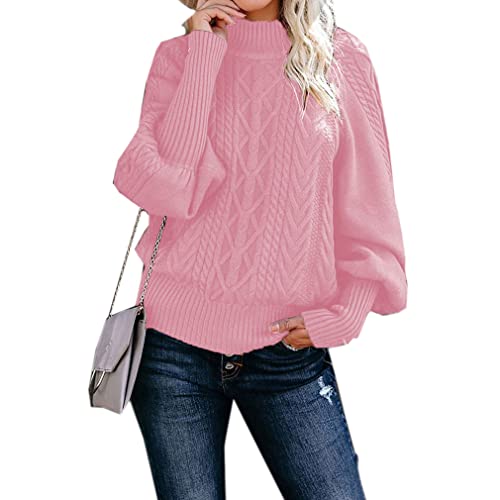 Qiyun.z Damen Rollkragenpullover Langarm Pullover Zopfmuster Pullover Pullover Rosa 3XL von Qiyun.z