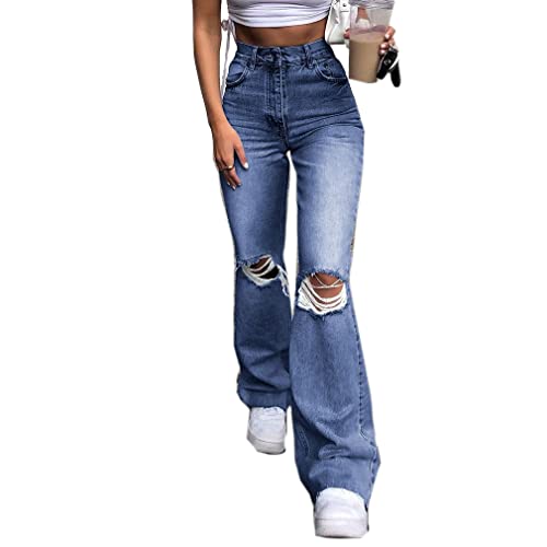 Qiyun.z Damen-Stretch-Jeans mit Rissen, hoher Taille, ausgefranstem, ungesäumtem Saum, Distressed-Denim-Hose mit Loch, Dunkelblau, 1 M von Qiyun.z