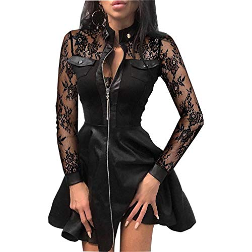 Qiyun.z Frauen Lederkleid Sexy V-Ausschnitt Langarm Reißverschluss Bodycon Party Kleid Spitze L. von Qiyun.z