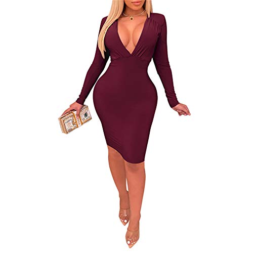 Qiyun.z Frauen Schwarz Bandage Kleid Sexy Deep V Neck Langarm Bodycon Club Midi Kleid Weinrot M. von Qiyun.z