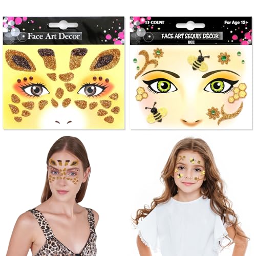 Bienen Sticker Gesicht 2 Stück Giraffen Aufkleber Gesicht Ablösbare Biene, Giraffe Gesichtstattoo Art Face Sticker für Erwachsene und Kinder Halloween Karneval Make-up von QIZHIQIAMY