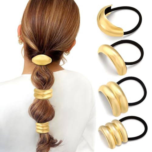 Elastische Haargummis, 4 Stile Haargummi Gold, Haargummis Metall Gold, Pferdeschwanz Haargummi, Wunderschöner Haarschmuck für Mädchen und Frauen für Glattes und Lockiges Haar von QIZHIQIAMY