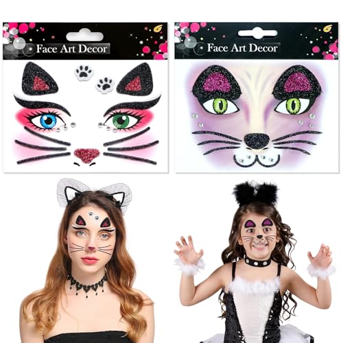 Katzen Sticker Gesicht 2 Stück Katze Aufkleber Gesicht Ablösbare Karneval Gesichtstattoo Schminke Tattoo Face Art Sticker für Erwachsene und Kinder Halloween Karneval Make-up von QIZHIQIAMY