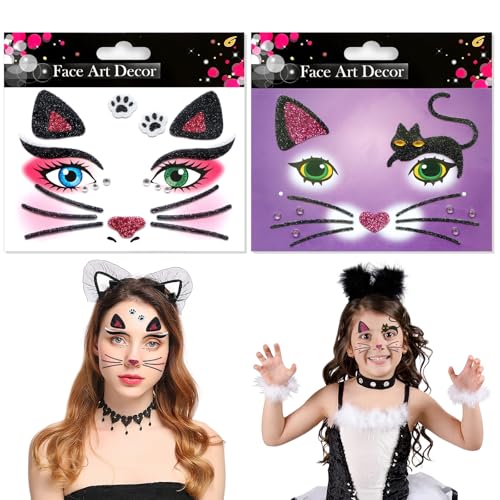 Katzen Sticker Gesicht 2 Stück Katze Aufkleber Gesicht Ablösbare Karneval Gesichtstattoo Schminke Tattoo Face Art Sticker für Erwachsene und Kinder Halloween Karneval Make-up von QIZHIQIAMY