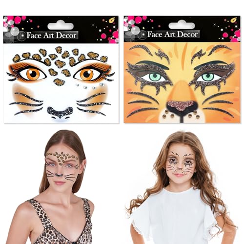 Leoparden Sticker Gesicht 2 Stück Löwe Aufkleber Gesicht Ablösbare Leopard, Löwe Gesichtstattoo Schminke Tattoo Face Art Sticker für Erwachsene und Kinder Halloween Karneval Make-up von QIZHIQIAMY
