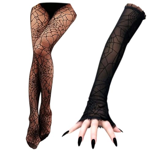 QIZHIQIAMY Strumpfhose Spinnennetz, Netzstrumpfhose Schwarz Halloween mit Hexen Handschuhe, Halloween Handschuhe Damen, Hexe Accessoires Damen für Halloweens Coplay-Partys für Erwachsene von QIZHIQIAMY