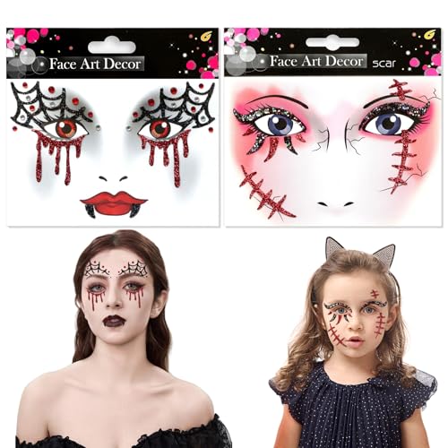 Vampir Sticker Gesicht 2 Stück Spinne Aufkleber Gesicht Halloween Gesichtsaufkleber Ablösbare Gesichtstattoo Schminke Tattoo Face Art Sticker für Erwachsene und Kinder Halloween Karneval Make-up von QIZHIQIAMY