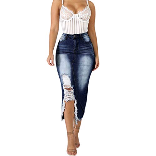 Damen Knielang Jeansrock, QIjinlook Damen Casual Distressed Ripped High Waist Denim Rock röcke Damen röcke midi Jeansrock Damen Knielang große größen.S-5XL (XXXXXL, Dunkelblau) von QIjinlook_Röcke