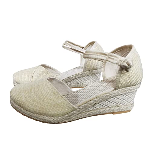 QJDFLL Damenschuhe Plateau Resort Embroidered Style Slippers Pattern Wedges Schwarz Elegant(Beige,38.5) von QJDFLL