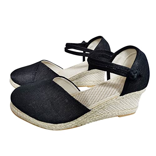 QJDFLL Damenschuhe Plateau Resort Embroidered Style Slippers Pattern Wedges Schwarz Elegant(Schwarz,37.5) von QJDFLL