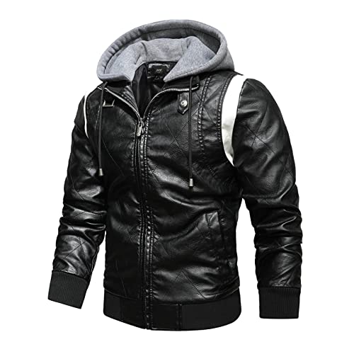 QJDFLL Herren Wintermantel Jacken Casual Splice Lederjacke Reißverschluss Langarm Hoodie Jacke Mantel Reißverschluss Taschenjacke Daunenjacke Herren Leicht von QJDFLL