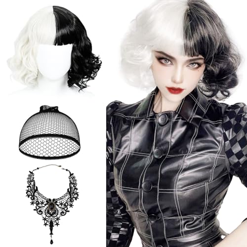 QJFHURB Cruella Perücke Schwarz Weiß Cruella Perücke Cruella Kostüm Damen Perücke Cruella De Vil Wig Devil Perücke Schwarz Weiss Cruella Devil Kostüm Mit Schwarze Spitzenhalskette Und Haarnetz von QJFHURB