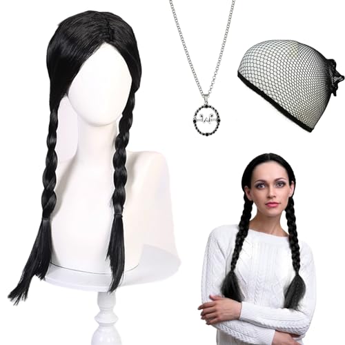 QJFHURB Wednesday Perücke Kinder Wednesday Perücke Damen Wednesday Perücke Kinder Schwarze Perücke Zöpfe Halloween Perücke Kinder Wednesday Perücke Mit Pony Mit 1 Halsketten 1 Haarnetz von QJFHURB