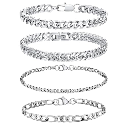 QJFHURB 4 Pcs Herren Armband Edelstahl Armband Herren Silber Armkette Herren Herren Schmuck Armband Herren Bracelet Herren Armband Armkette Herren Silber Herren Armband Edelstahl Armband Herren Silber von QJFHURB