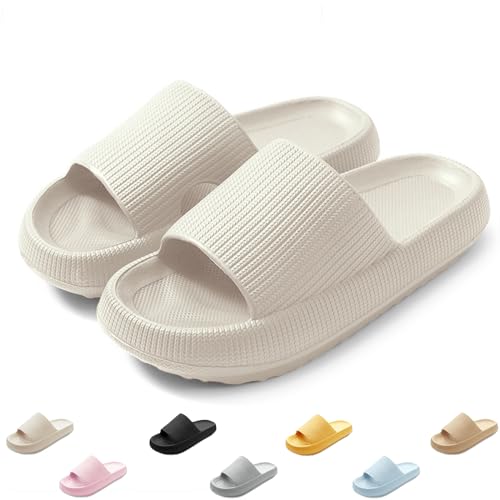 QJJQ Badeschuhe Herren Damen Cozislides Original Slippers Wolke Schlappen Super Weich rutschfest Badelatschen Hausschuhe Sommer Pantoletten Badeschlappen Flip Flops,Beige, 38-39 EU von QJJQ