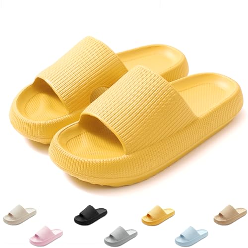 QJJQ Badeschuhe Herren Damen Cozislides Original Slippers Wolke Schlappen Super Weich Rutschfest Badelatschen Hausschuhe Sommer Pantoletten Badeschlappen Flip Flops,Gelb, 36-37 EU von QJJQ