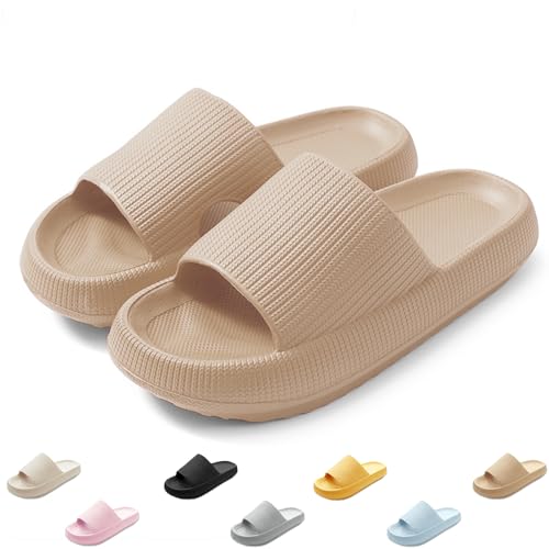 QJJQ Badeschuhe Herren Damen Cozislides Original Slippers Wolke Schlappen Super Weich Rutschfest Badelatschen Hausschuhe Sommer Pantoletten Badeschlappen Flip Flops,Khaki, 38-39 EU von QJJQ