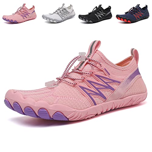 QJJQ Barfußschuhe Damen Herren Wasserschuhe Strandschuhe Schnell Trocknend Badeschuhe Atmungsaktiv Leichte rutschfeste Aquaschuhe Surfschuhe Traillaufschuhe Fitnessschuhe, Rosa, 38 EU von QJJQ