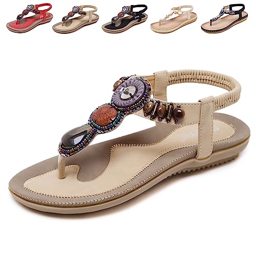 QJJQ Sandalen Damen Sommer Elegant Bequem Flip Flops Bohemian Flach Freizeit Zehentrenner mit Strass, Beige, 36 EU von QJJQ