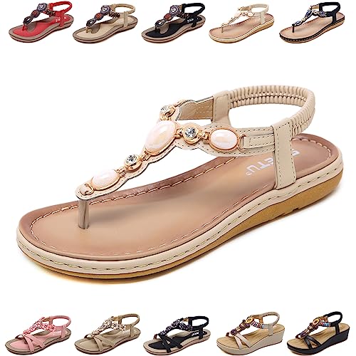 QJJQ Sandalen Damen Sommer Elegant Bequem Flip Flops Bohemian Flach Freizeit Zehentrenner mit Strass, Beige, 36 EU von QJJQ