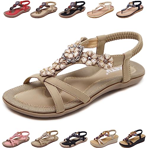 QJJQ Sandalen Damen mit Absatz Sommer Bequem Elegant Sandalen mit Strass Perlen Bohemia Strand Schuhe Freizeit Flach Sandalette, Beige, 41 EU von QJJQ