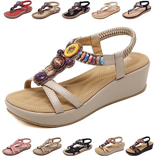 QJJQ Sandalen Damen mit Absatz Sommer Bequem Elegant Sandalen mit Strass Perlen Bohemia Strand Schuhe Freizeit Flach Sandalette, Beige, 42 EU von QJJQ