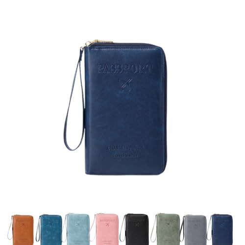 QKCQQTS Multifunktionale RFID-Reisepasshülle, multifunktionale Reisebrieftasche mit Reißverschluss, Diebstahlschutz für Damen und Herren (Dark Blue) von QKCQQTS